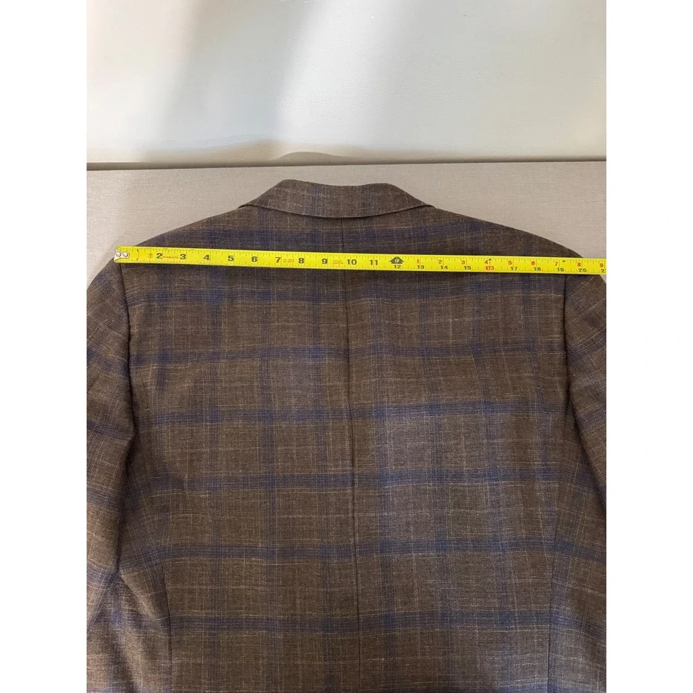 Sartoria Castangia Brown‎ Plaid 2 Button Blazer Wool/Silk/Linen 46 Brown/Blue